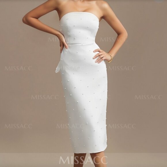 MISSACC Sheath/Column Strapless Elegant Satin Wedding Dress - Picture 1 of 6